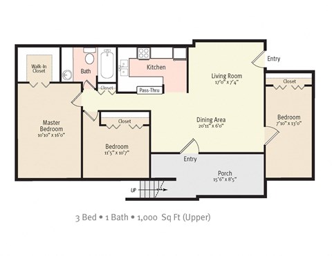 3BR 1Bath Floor Plan at Kings Trail Apartment Homes, Florida, 32217